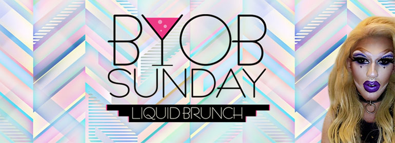 Pixie Woo on the right with BYOB Sunday Liquid Brunch written in the centre and a pink cosmo inside the letter Y.