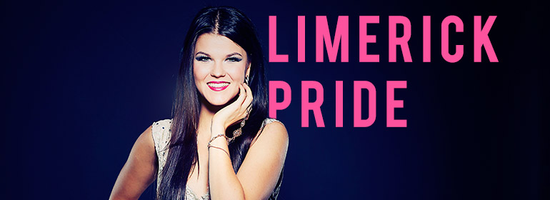 saara Aalto, who will be playing Limerick Pride 2017 with her hand under her face and the words limerick pride written in pink behind her