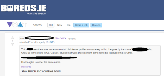 A screenshot of one of the doxxers comments on the copycat 'Boreds.ie' forum