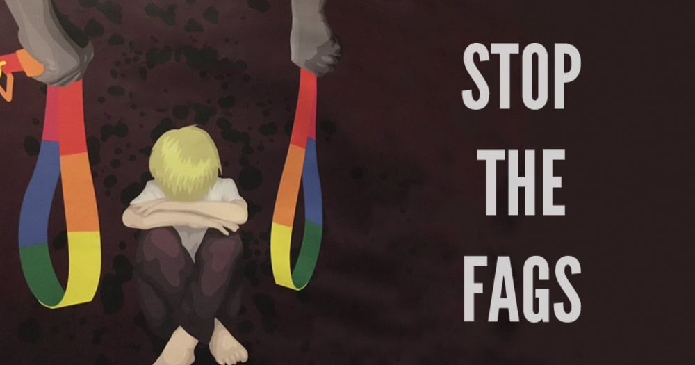 An anti marriage equality poster from australia that shows two men with rainbow belts and a sad child in a foetal position alongside the words stop the fags