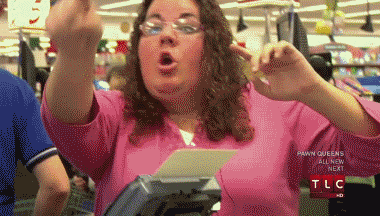 An angry lady at the cashier is pointing and about to lose her temper