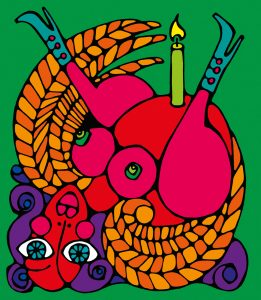 The cover of Ireland's LGBT publication aka GCN Gay community news with a vibrant illustration of a turkey with it's legs up in the air and a candle balanced on its underside