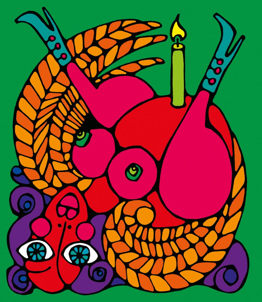 The cover of Ireland's LGBT publication aka GCN Gay community news with a vibrant illustration of a turkey with it's legs up in the air and a candle balanced on its underside