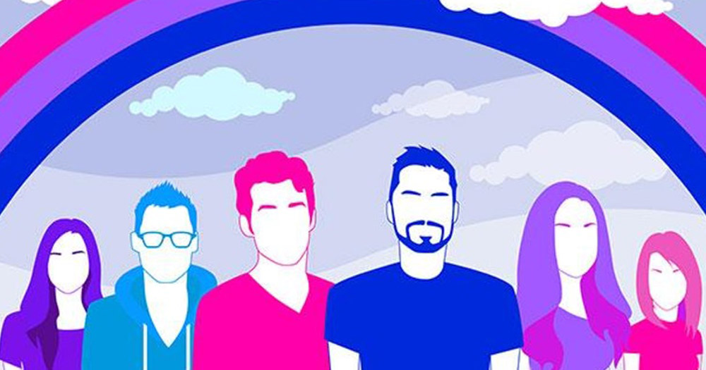 The poster featuring pink, purple and blue illustrations of men and women under a pink, purple and blue rainbow for the upcoming GCN Town Hall Talks: Bi+ Visibility