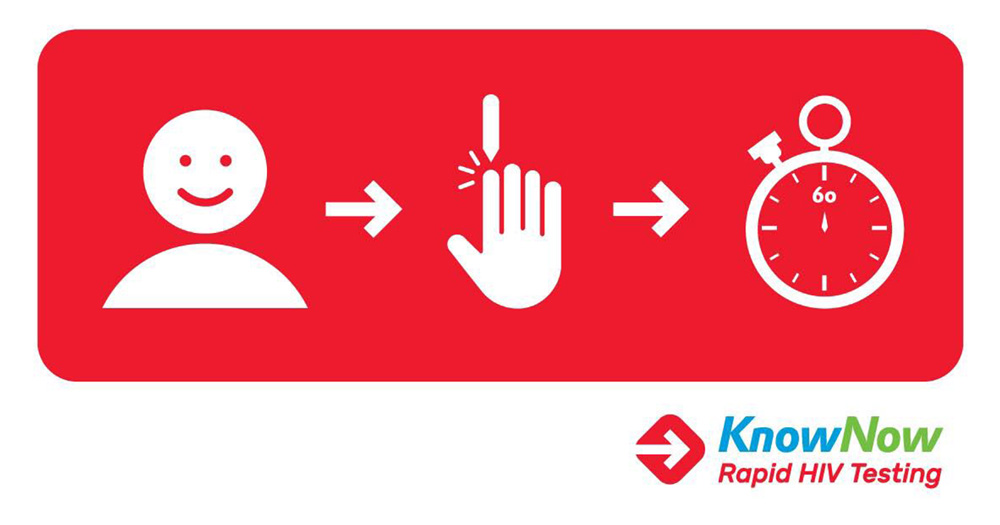 The KnowNow Rapid HIV Testing logo with a diagram showing a person a finger being pricked and a stopwatch