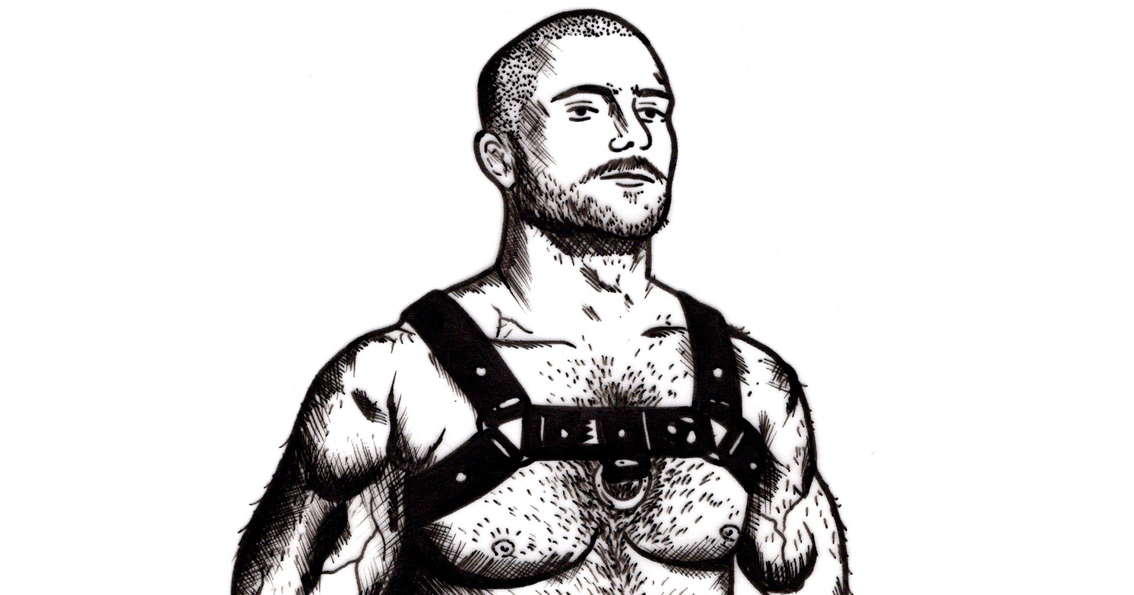 Tattoo design inspired by Tom of Finland : black and white drawing of a man wearing a harness