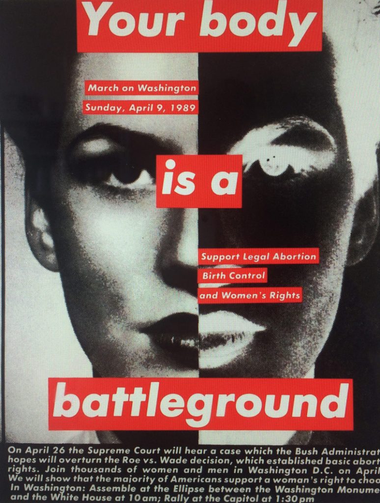 A picture of a woman's face with the colours inverted on the right with the words your body is a battleground, a pro march for choice