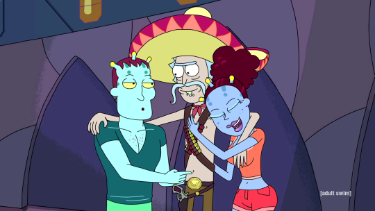 Rick and Morty star Rick sanchez hugging a male and female on Unity's planet while he wears a sombrero