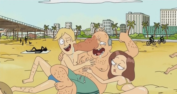 A trunk person on a beach from rick and morty