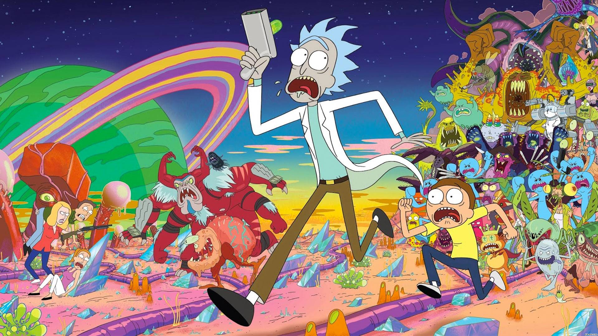 Rick and Morty running from lots of aliens