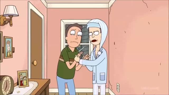 Sleepy Gary and Jerry from Rick and Morty standing in a hallway