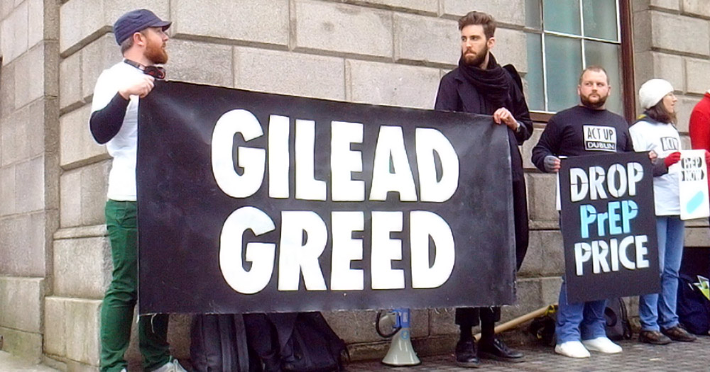 Act Up Dublin protesting against "Gilead greed" outside the Four courts in Dublin