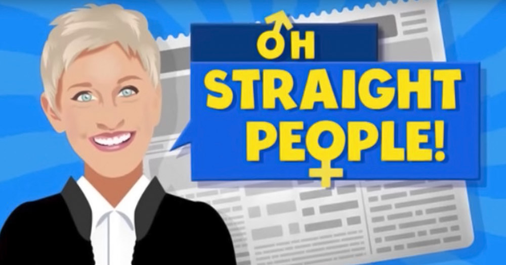 The new elle degeneres segment graphic that shows a cartoon of Ellen in front of a newspaper with the words Oh Straight People beside her.