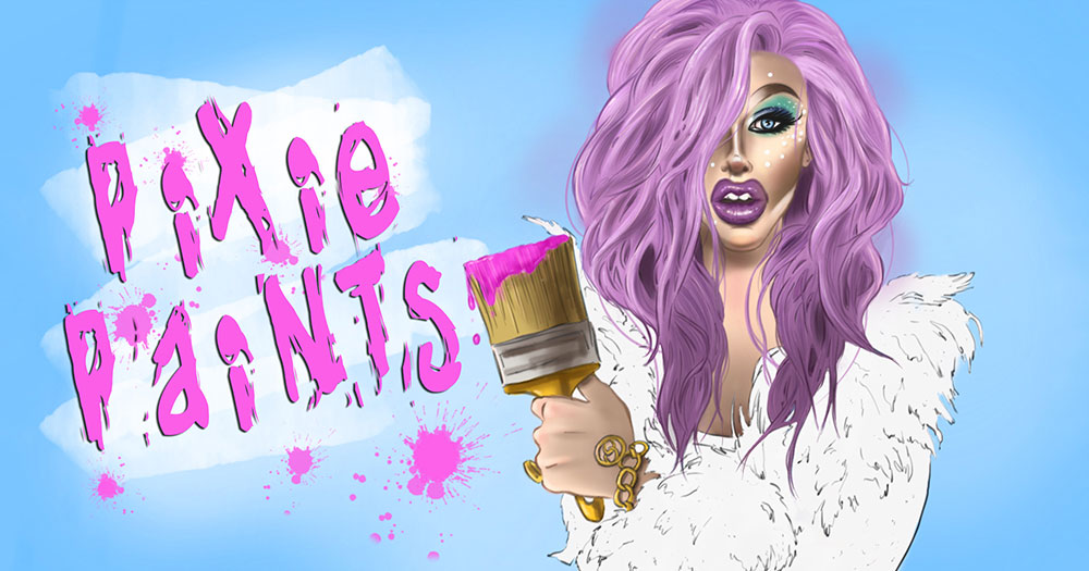 A cartoon drawing of pixie woo in a purple wig holding a paintbrush with the words pixie paints beside her in pink