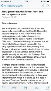 Screenshot of email sent to all studenst from Trinity college
