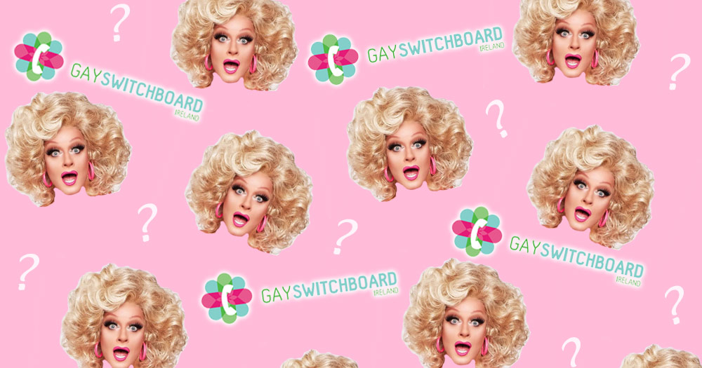Panti against a pink background with question marks and the gay switchboard logo repeated several times