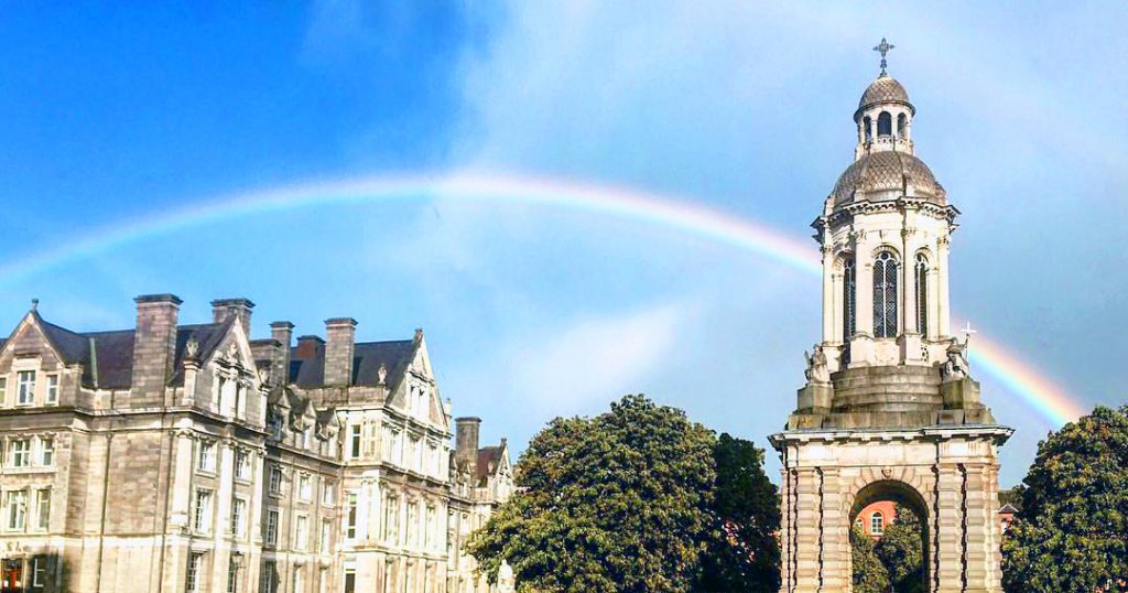 Trinity College on a sunny day, the rainbow over the main building