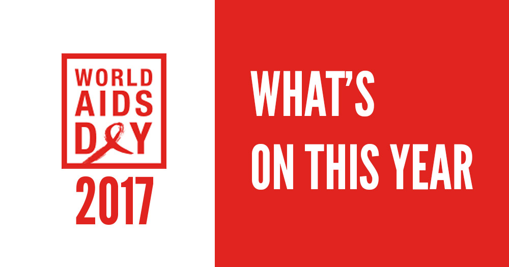 The world AIDS Day 2017 logo with the text What's On This Year beside it on a red background