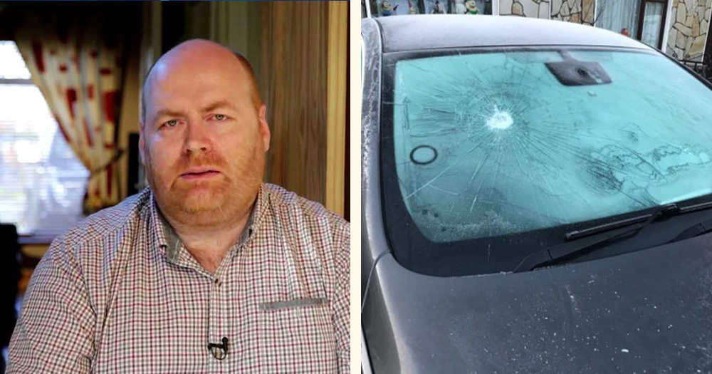 Timmons is shown on the left and a photo of his damaged car is shown on the right in a split screen image.