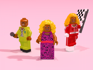 Lego figurines of Workroom Ru, Runway Ru and Racesuit Ru
