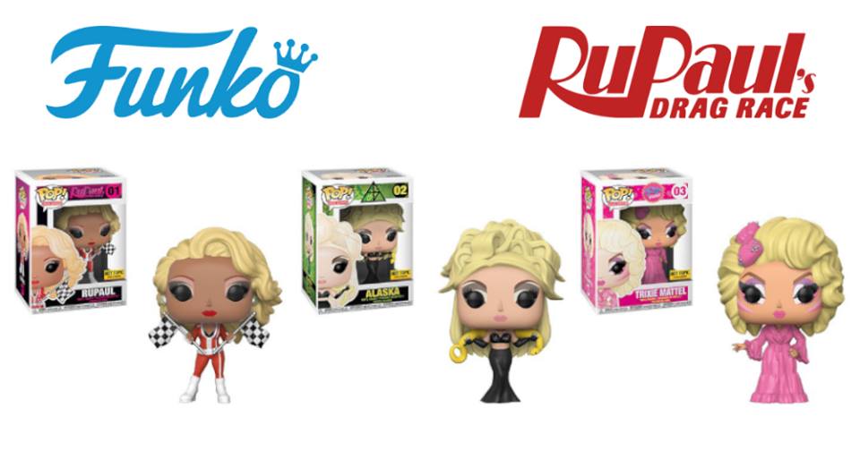 Vinyls of Rupaul, Alaska and Trixie along with the logos for Funko and RuPaul