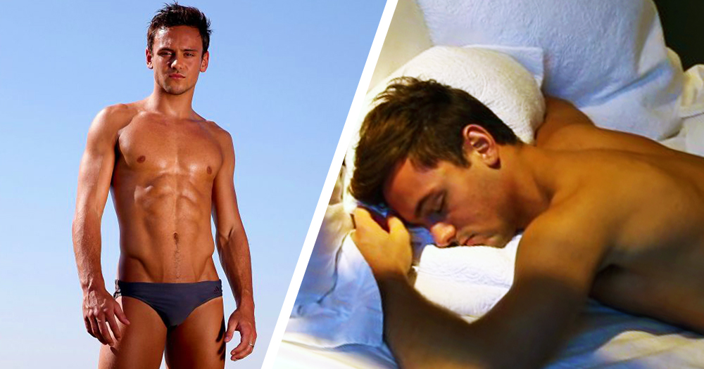 Tom shown on left in speedos, on right a picture of him taken in bed