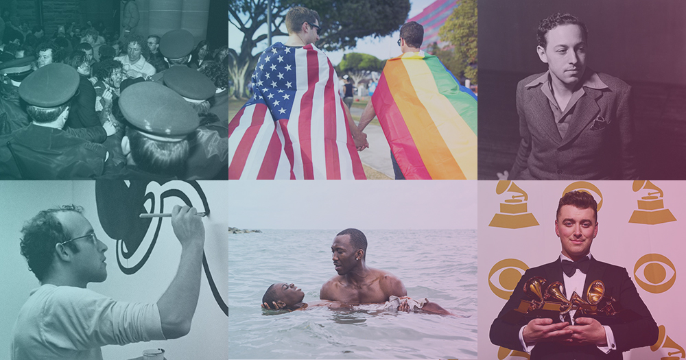 Queerstory image collage of Canandian Stonewall, two men hold hands wearing an american flag and a gay pride flag, Tennesse Williams, Keith Haring, Moonlight and Sam Smith