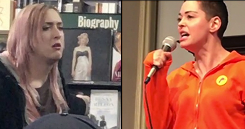McGowan appears to the right shouting at a trans woman at an event in New York.
