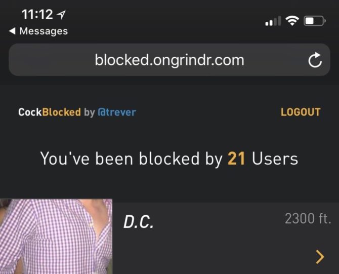 Grindr app called cockblocked shows blocked users