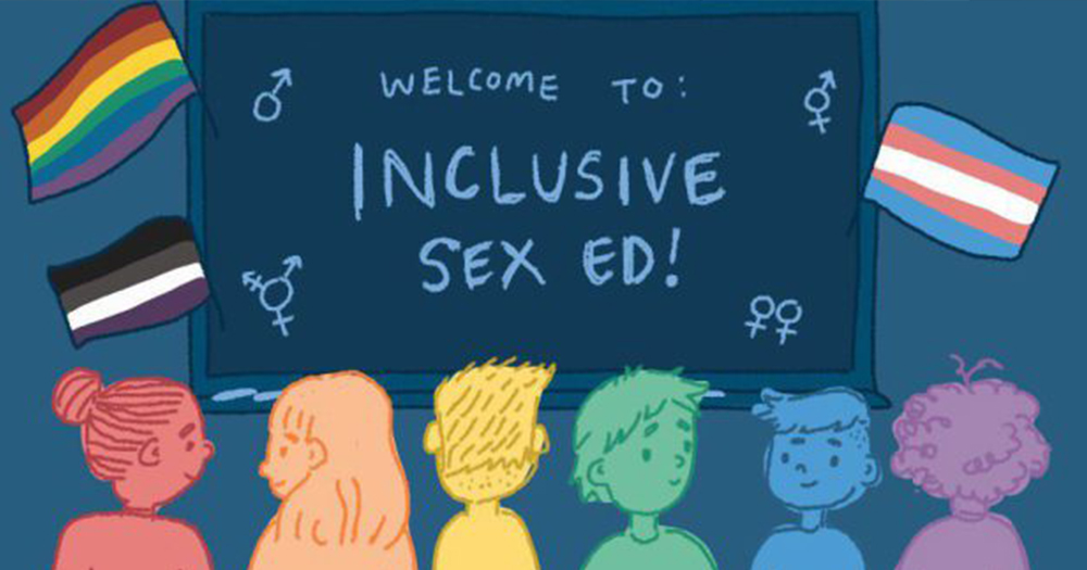Illustration of children in a classroom with a sign reading inclusive sex education