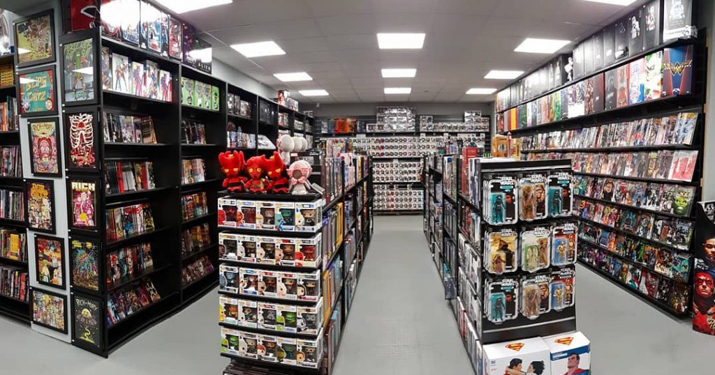 A picture of Forbidden Planet Dublin, showing shelves packed with action figures