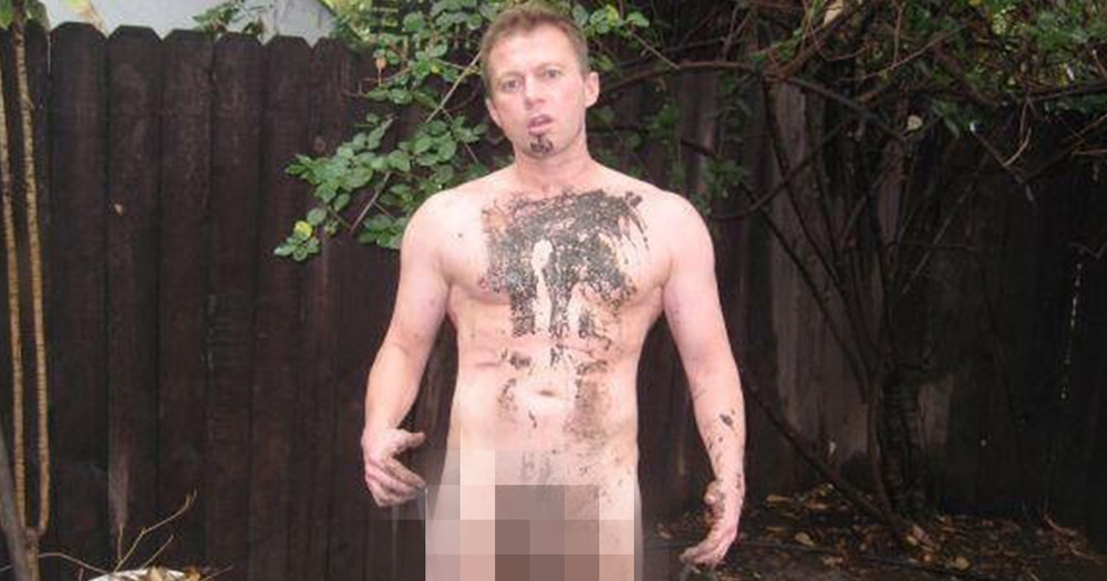 Political candidate Eric Schmidt leaks a photo of him standing naked in his back garden smeared with mud, image is pixellated
