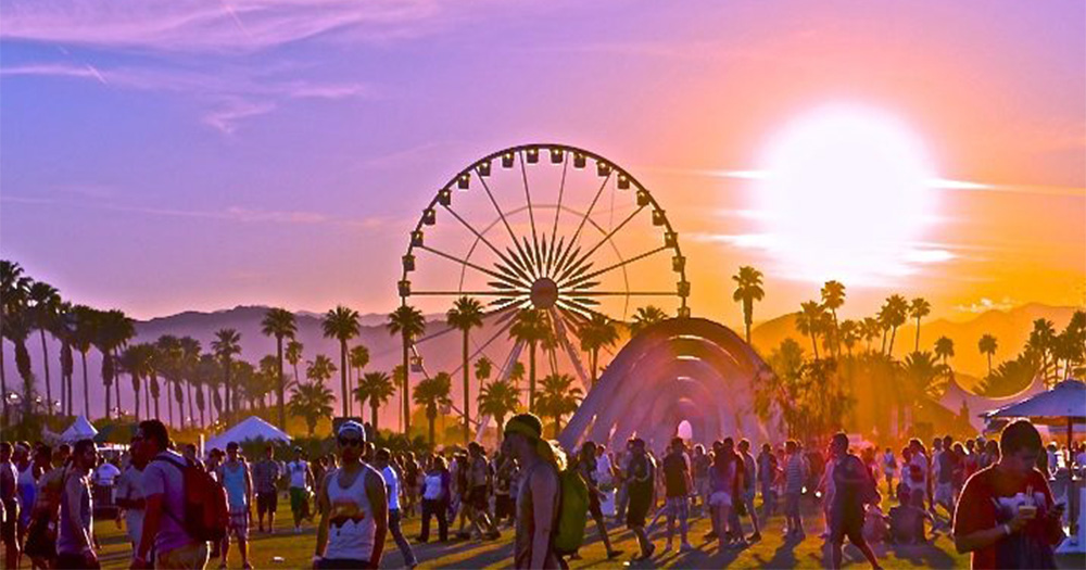 The Coachella Festival at sunset, a Ferris wheel in the background