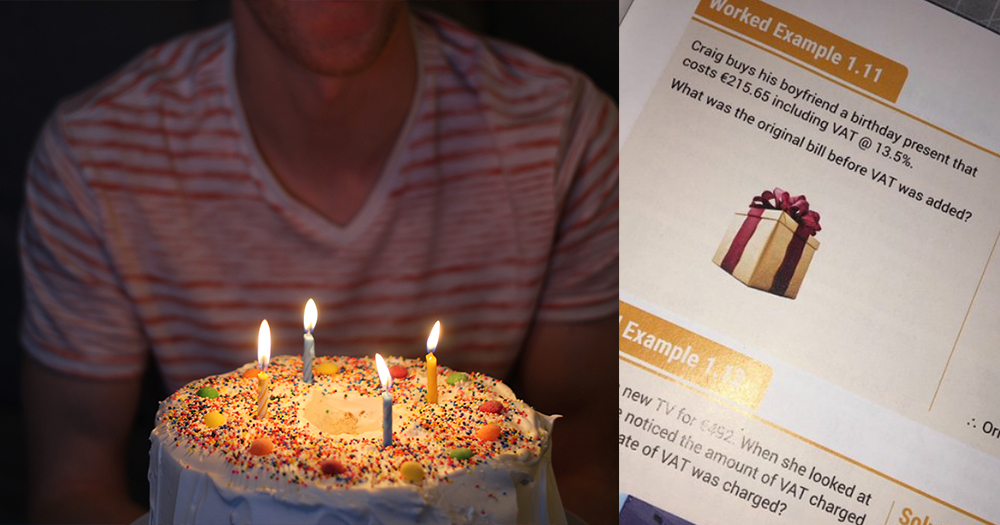 guy blows out candles on a cake and picture of tweet about textbook