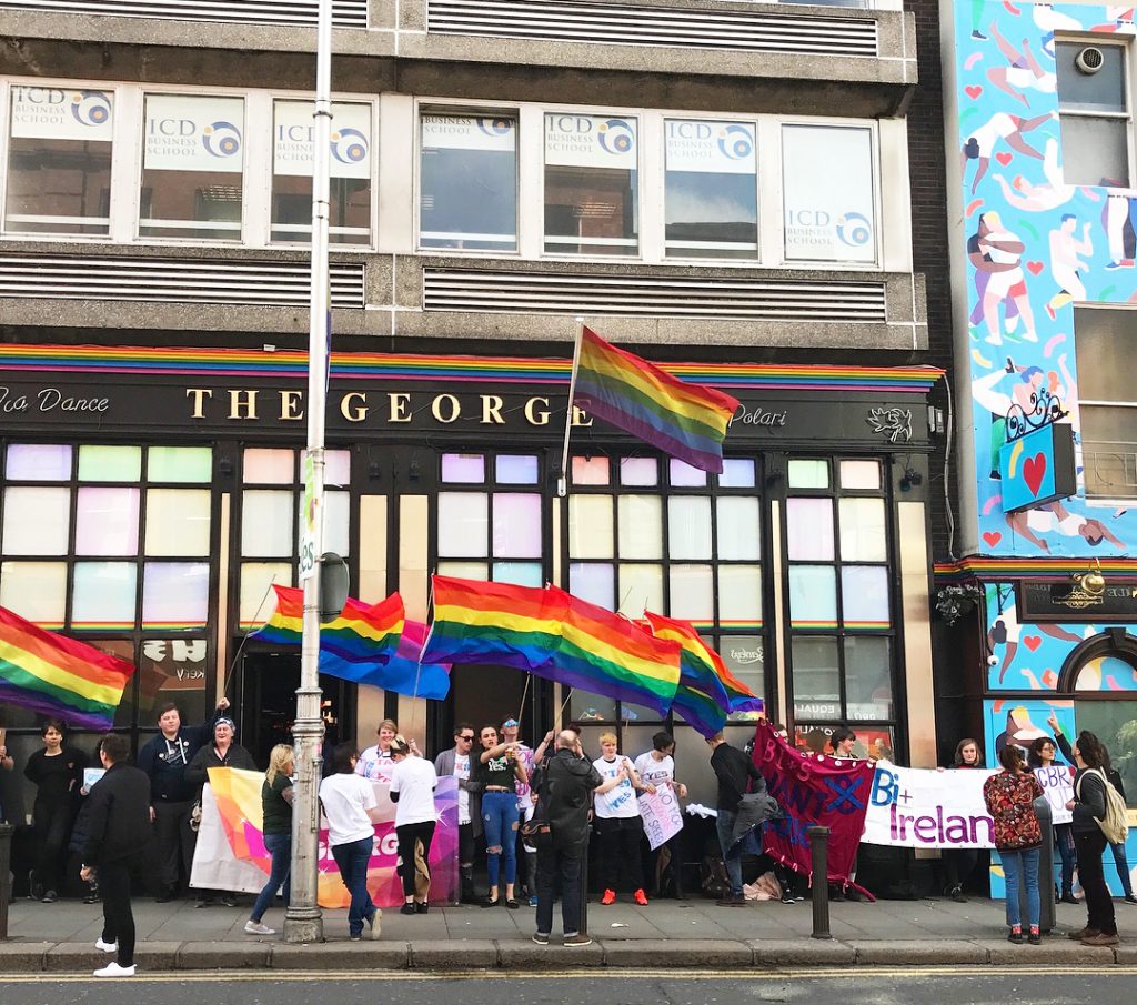 Queer protesters demonstrating outside The George Bar