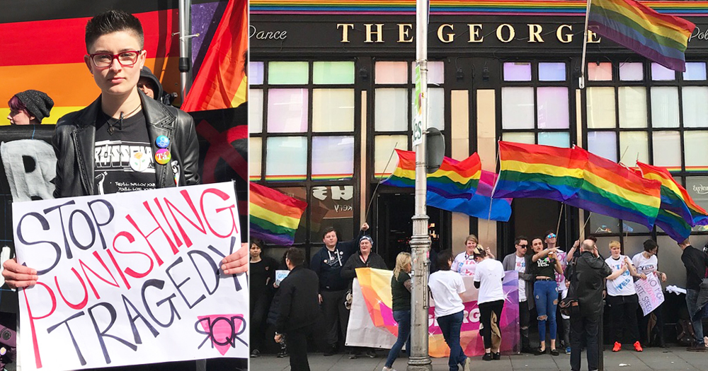 Queer protesters demonstrating outside The George Bar