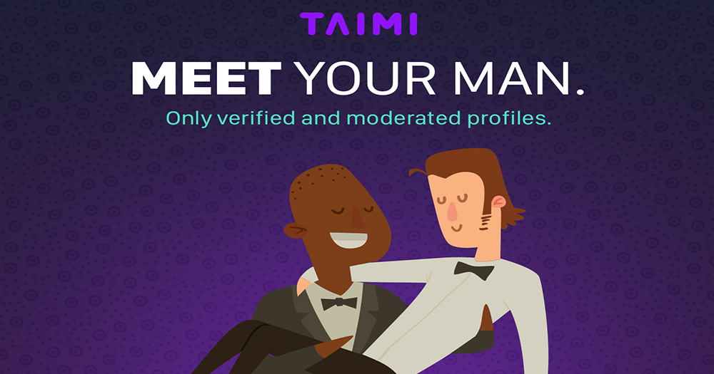 Cartoon image for dating app Taimi, a man carrying another man