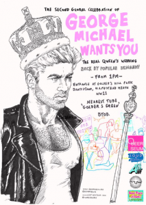 Poster for alternative royal wedding celebration with the hand drawn image of George Michael wearing a crown