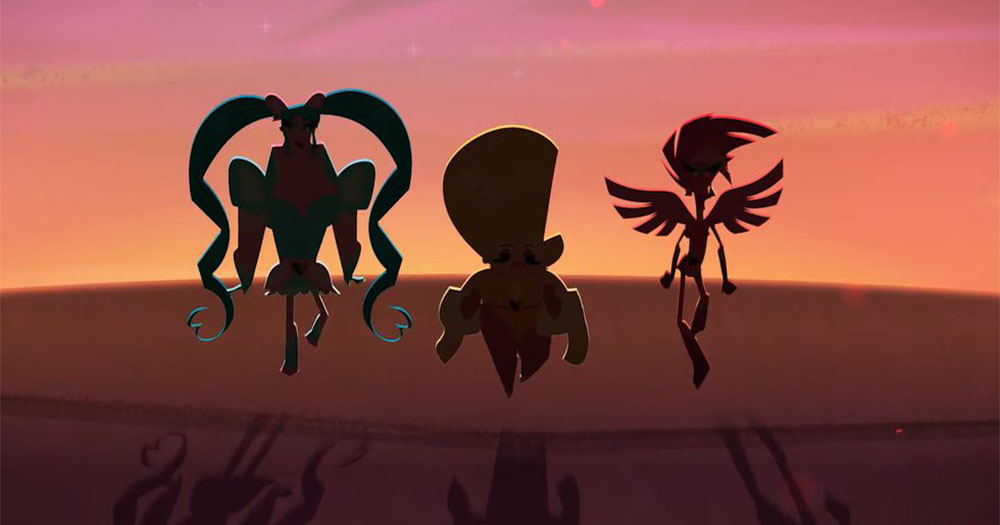 A silhouette of the three characters from the animated series Super Drags walking towards the viewer