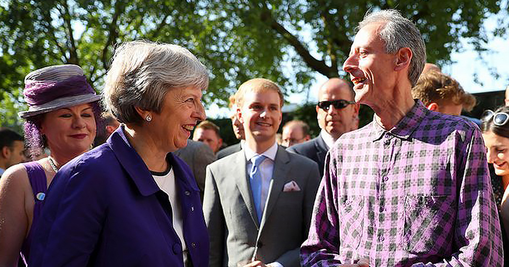Theresa May and Peter Tatchell pictured outside Downing Street