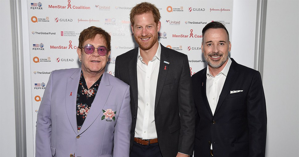 Elton John, Prince Harry and David Furnish pose together at the launch of MenStar Coalition