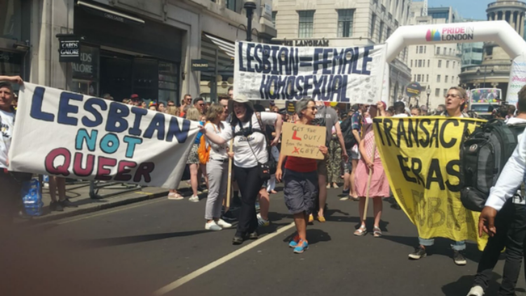 Anti-trans group 'Get The L Out' protest in front of London Pride parade 2018.