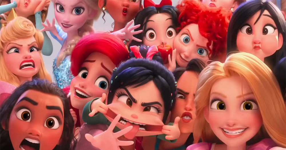 A group of Disney princesses including Mulan, Moana, Snow White and Rapunzel make funny faces at the viewer