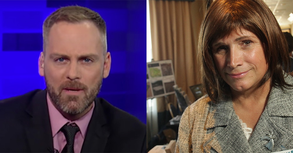 A split screen picture of journalist Chadwick Moore and politician Christine Hallquist who he accused of having transgender privilege