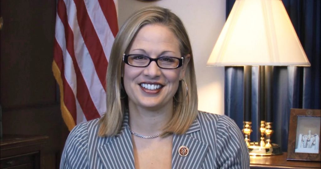 Krysten Sinema smiles at camera in her office.