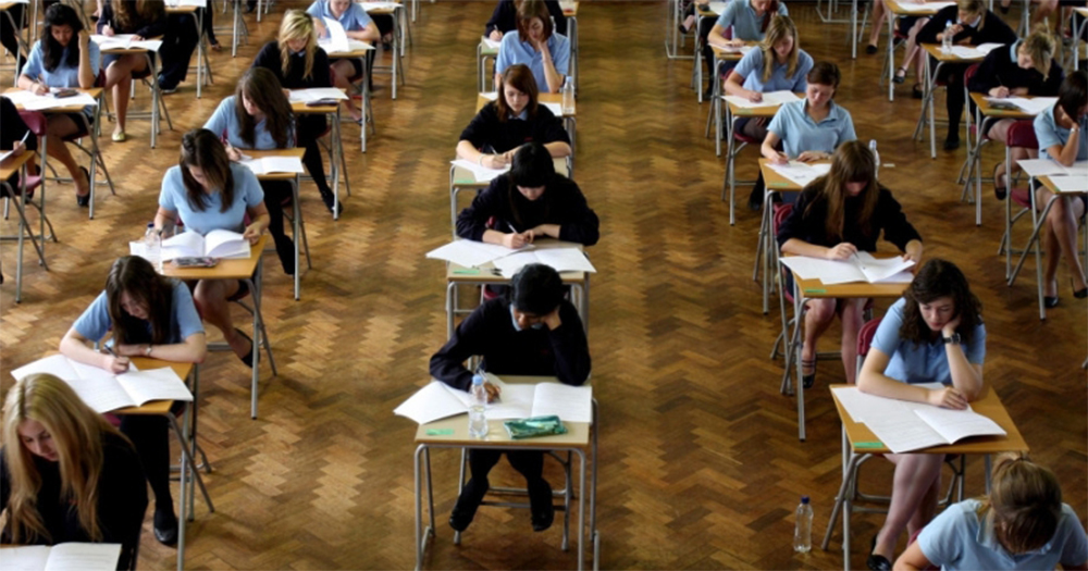 A hall of students sitting their A-level exams