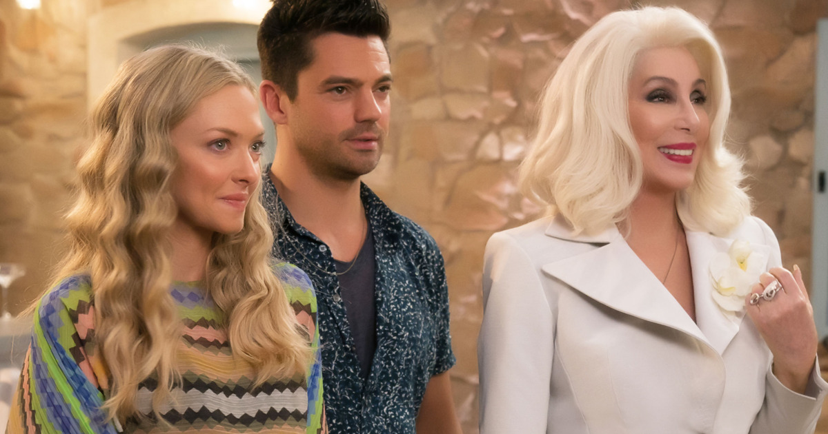 Cher in Mamma Mia: Here We Go Again with Amanda Seyfried and Dominic Cooper