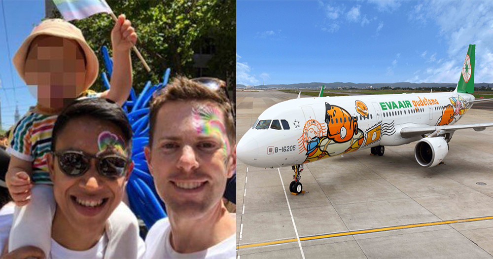 Split image of gay parents Jeff Cobb and husband holding their baby at a pride parade and an EVA Air plane on the runway