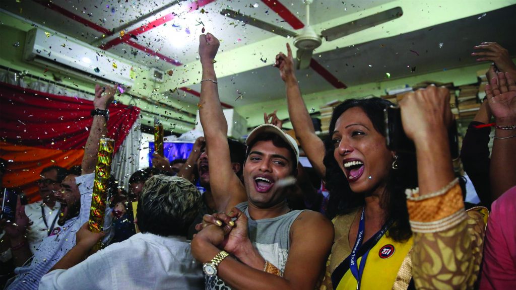 A group of LGBT+ people celebrating the decriminalisation of homosexuality in India
