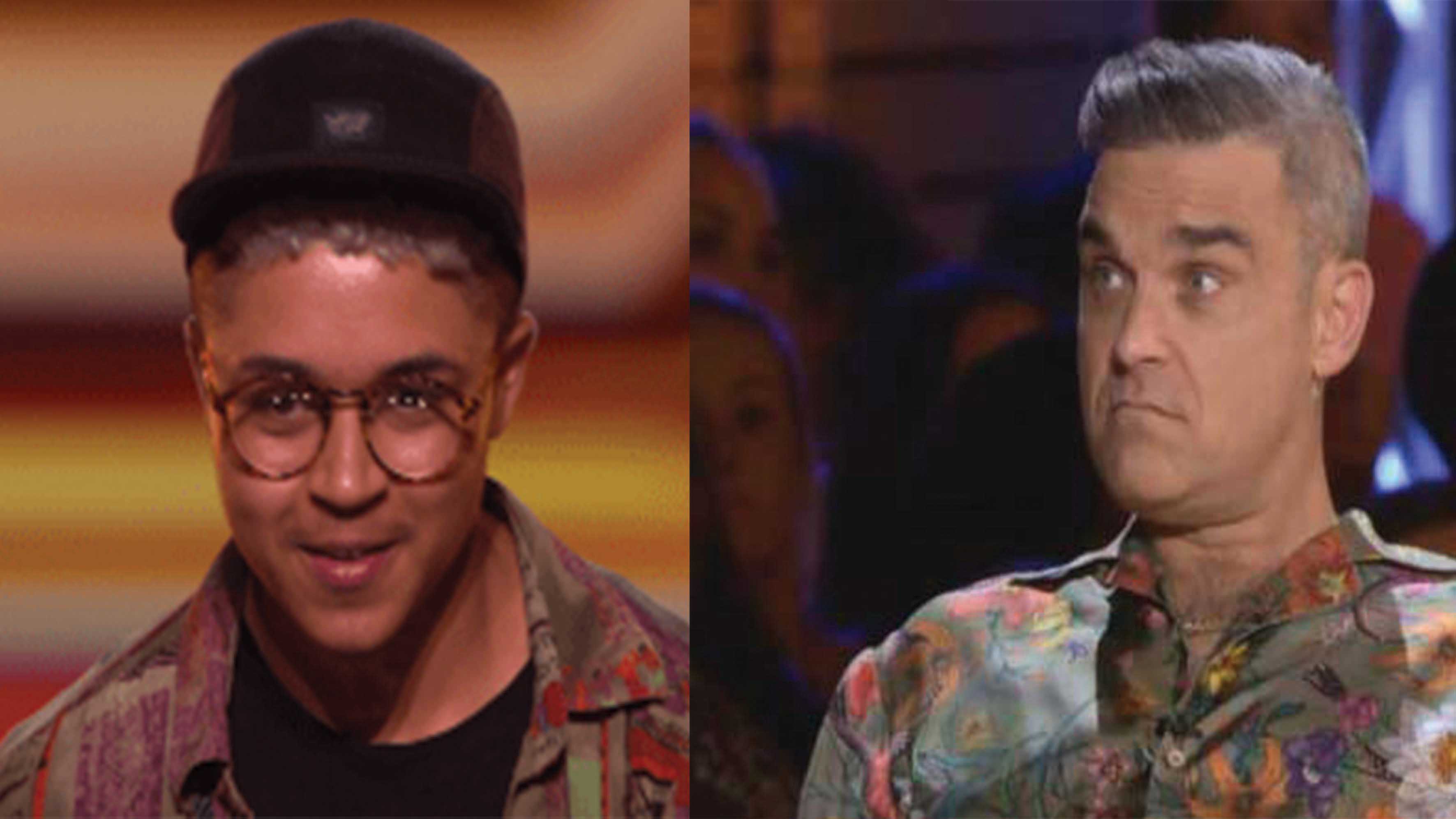 A split screen image of X Factor contestant Felix Shepard and judge Robbie Williams
